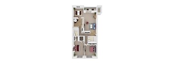 A top-down view of a small apartment with a living room, kitchen, and two bedrooms.