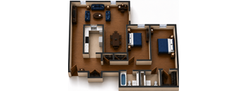 A top-down view of a room with a couch, chairs, and a coffee table.