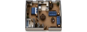 A top down view of a living room with a blue couch and a coffee table.