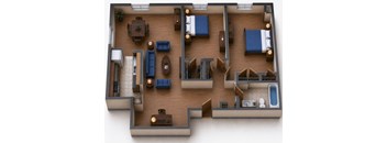 A top-down view of a house layout with a living room, dining room, kitchen, and bedrooms.
