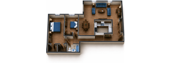 A top down view of a house layout with a blue couch and a brown couch.