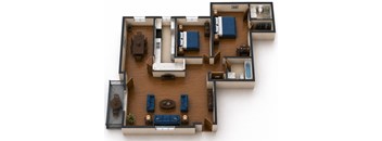 A top down view of a living room, kitchen, and bedrooms.