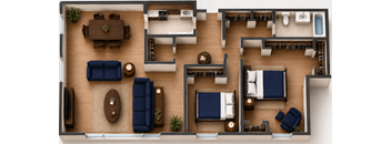 A top-down view of a living room, dining area, kitchen, and bedrooms.