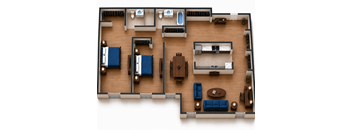 A top down view of a living room with blue couches and a coffee table.
