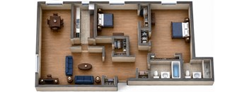 A 3D floor plan of a house with a kitchen, living room, and bathroom.