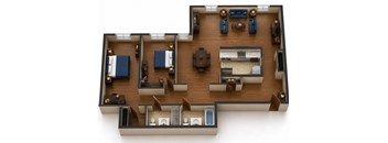 A top down view of a house interior with a kitchen, living room, and bedrooms.