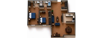 A top-down view of a house layout with a living room, kitchen, and bathrooms.