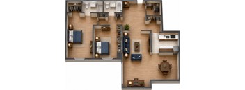 A top-down view of a house interior with a living room, dining room, kitchen, and bedrooms.