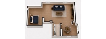 A top-down view of a living room with a couch, a coffee table, and a dining table.