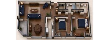 A top-down view of a living room with furniture and decor.