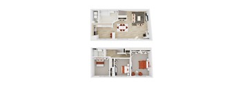 A top and bottom view of a small apartment with a kitchen, living room, and bedroom.