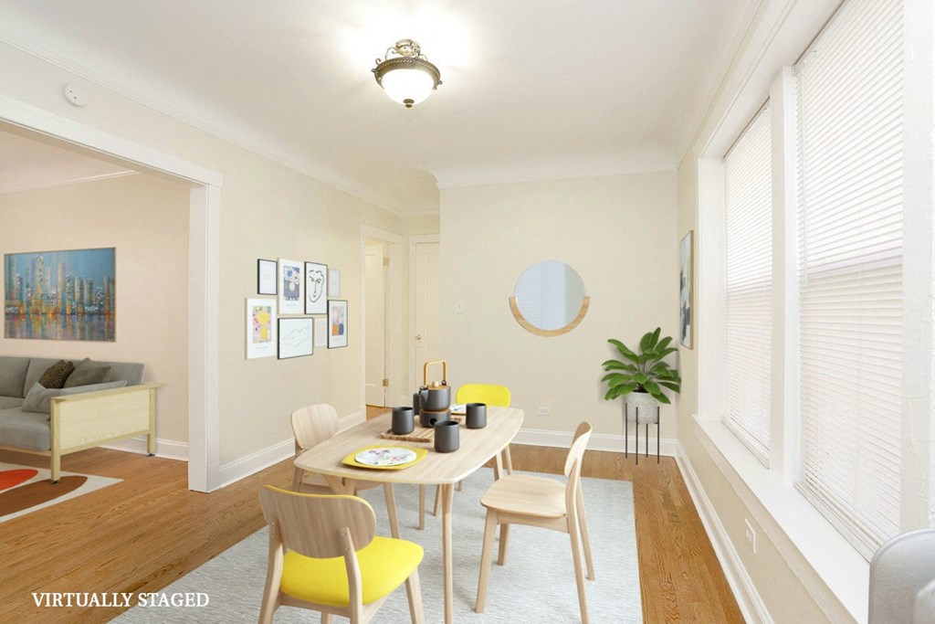 a rendering of a dining room with a table and chairs