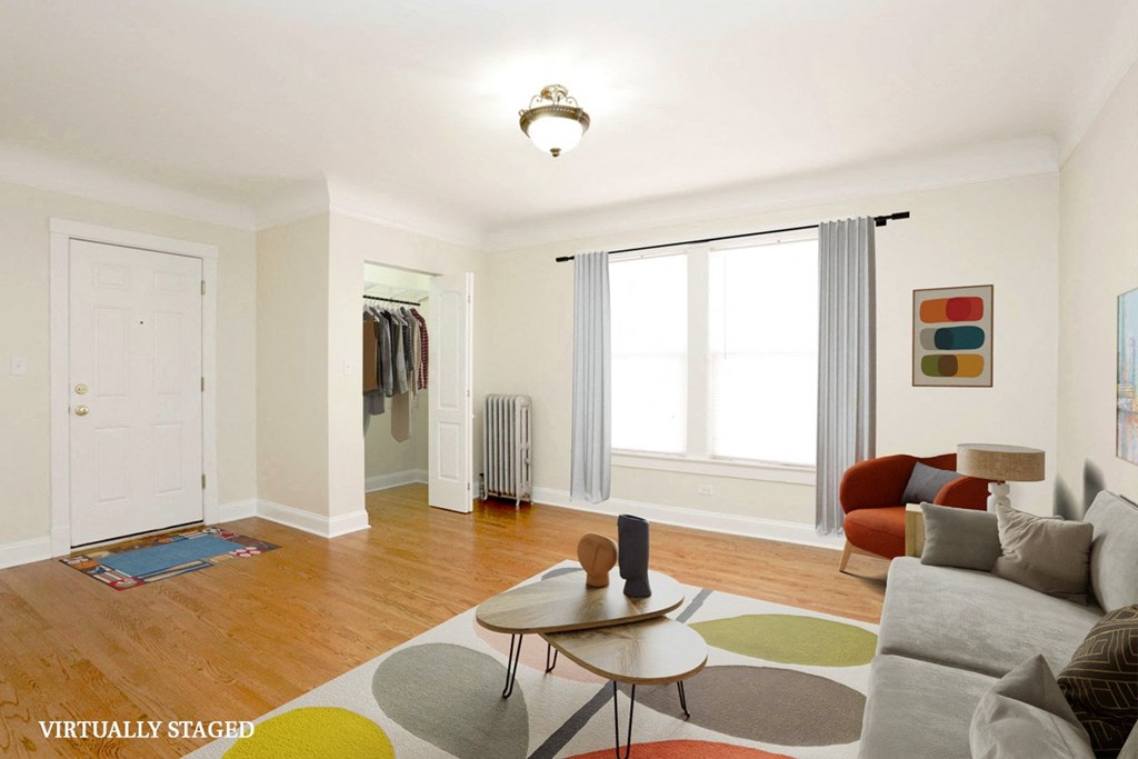 a living room with a gray couch and a colorful rug