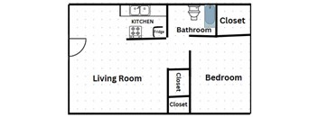 a floor plan of a living room with a kitchen and a bathroom