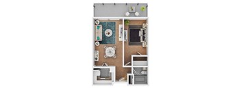 A top-down view of a small apartment layout with a kitchen, living room, and bathroom.