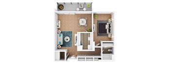 A top-down view of a small, neatly organized apartment with a kitchen, living room, and bathroom.