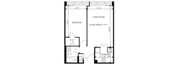 A floor plan of a small apartment with a bedroom, living room, and kitchen.