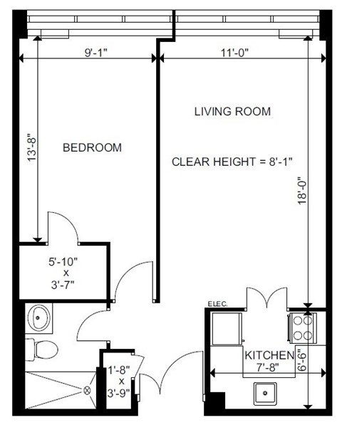 A floor plan of a small apartment with a bedroom, living room, and kitchen.