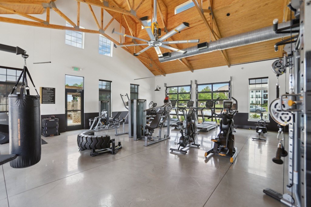 A gym with a variety of equipment including a punching bag, treadmills, and weights.