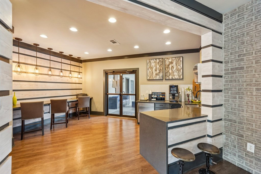 Resident clubhouse with Coffee machine, kitchen and seating