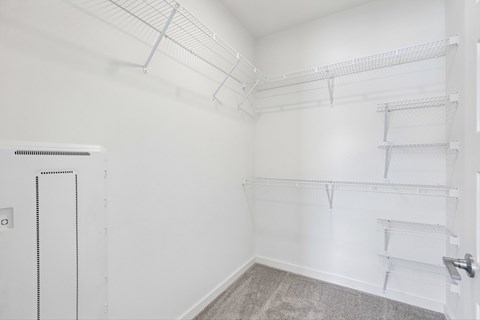 A white closet with shelves and a door.
