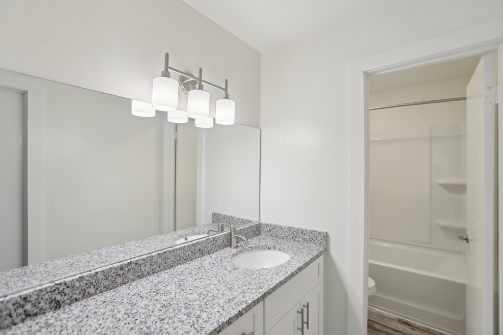 A bathroom with a granite countertop and a large mirror.