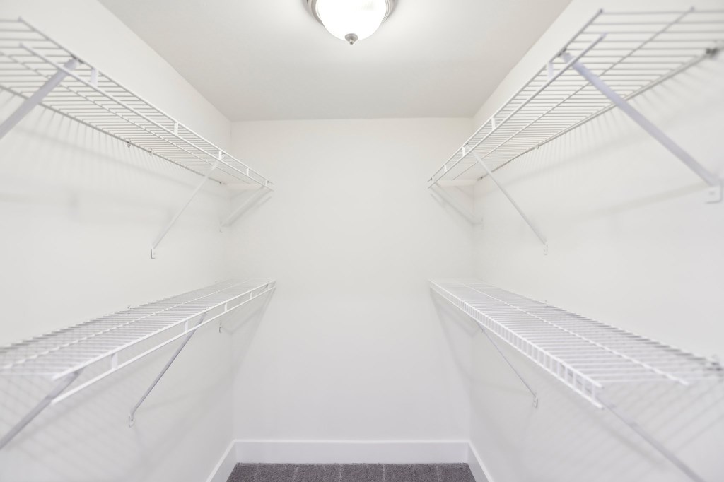 Spacious walk-in closet with shelves.
