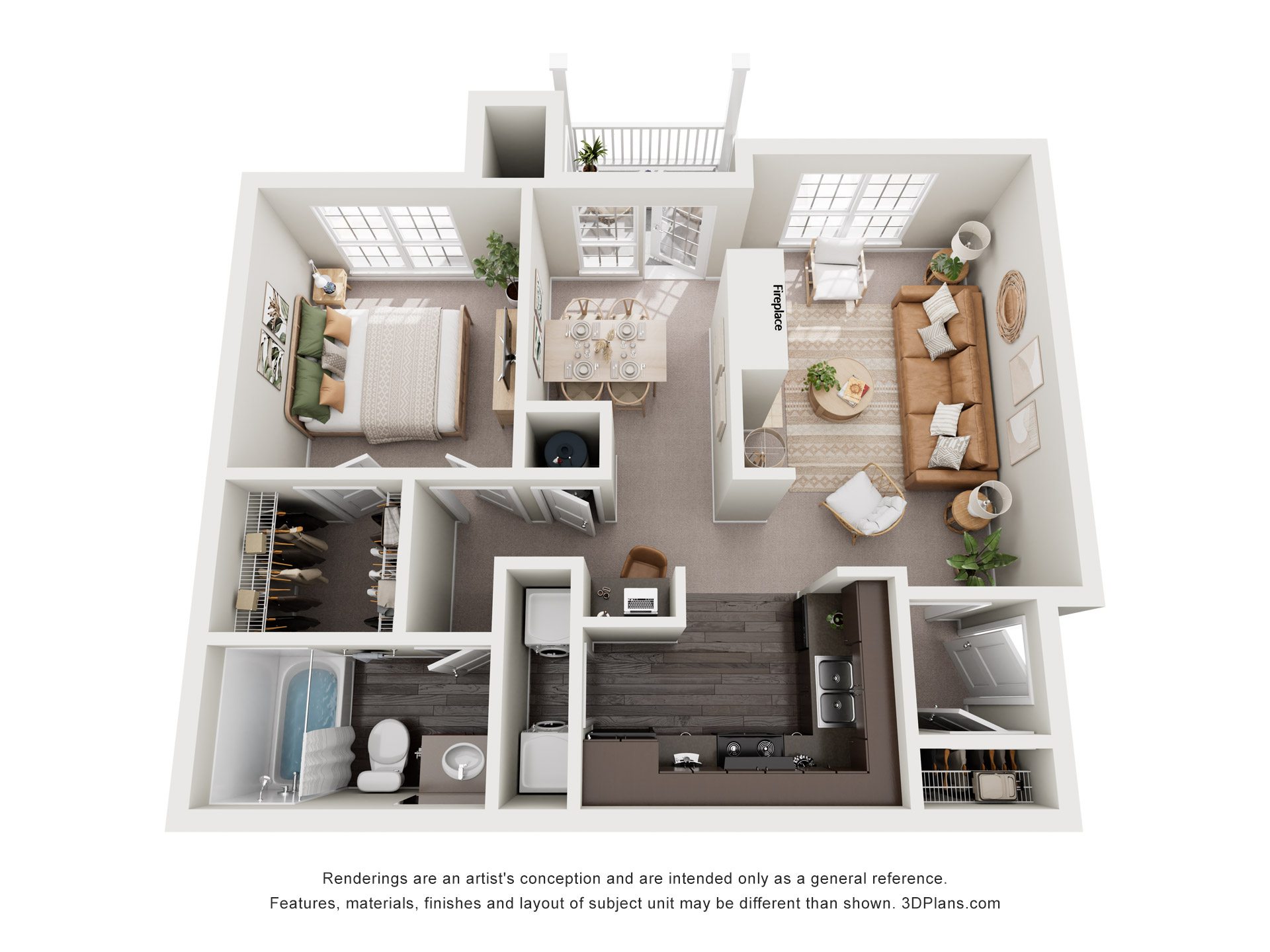 A 3D floor plan of a house with a living room, kitchen, and bathroom.