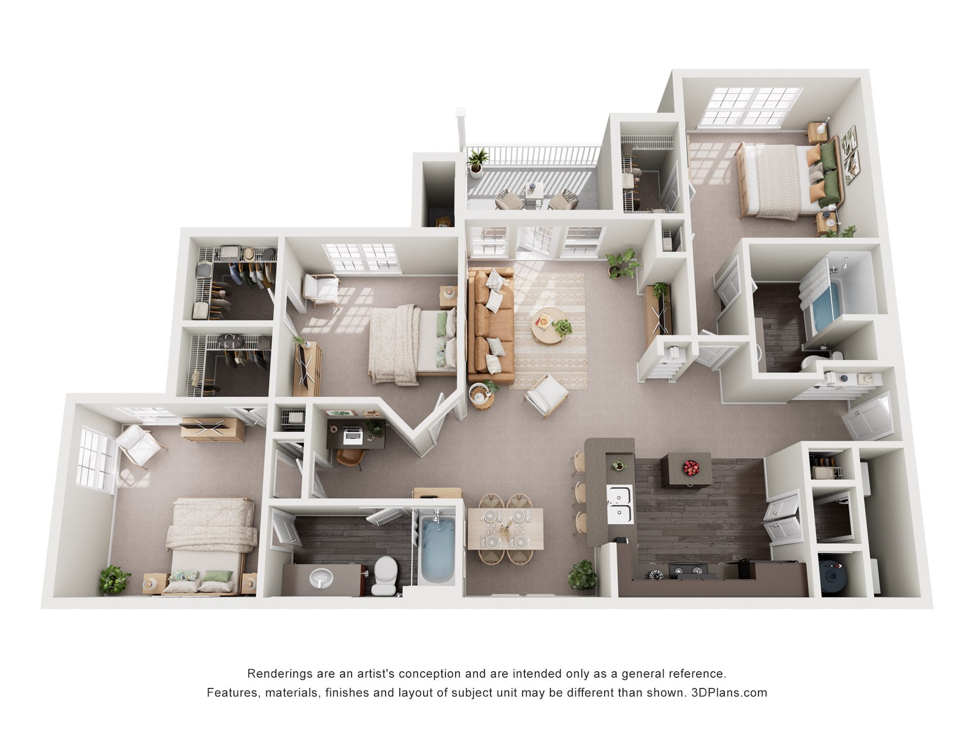A 3D floor plan of an apartment with a kitchen, living room, and bathroom.