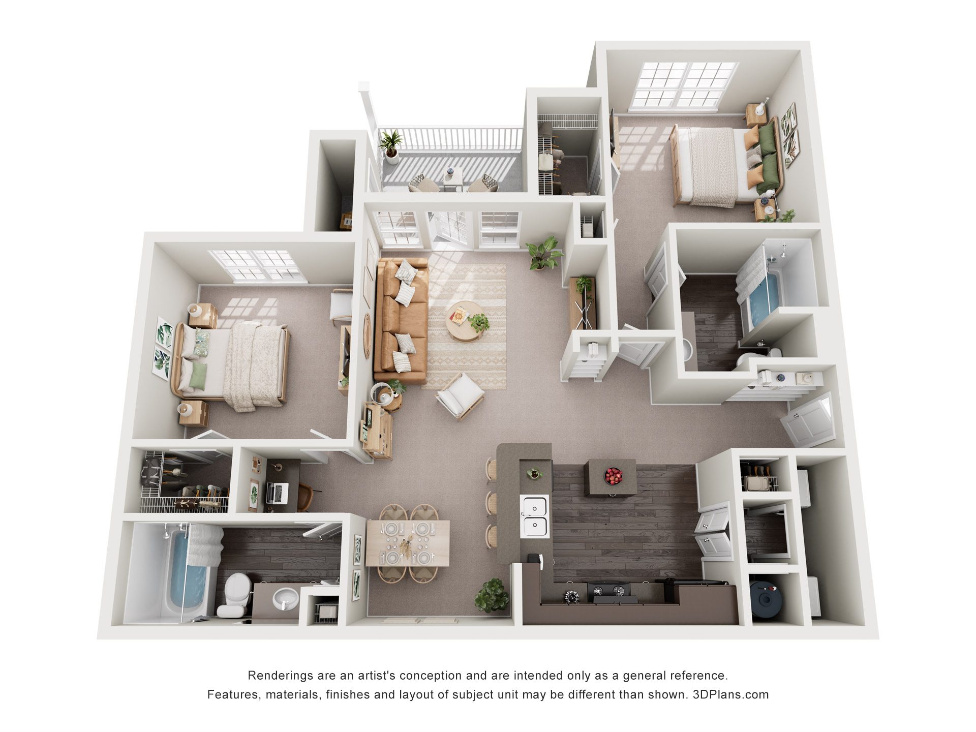 A 3D floor plan of an apartment with a kitchen, living room, and bedrooms.