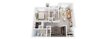 A 3D view of a modern apartment layout with a kitchen, living room, and bathroom.