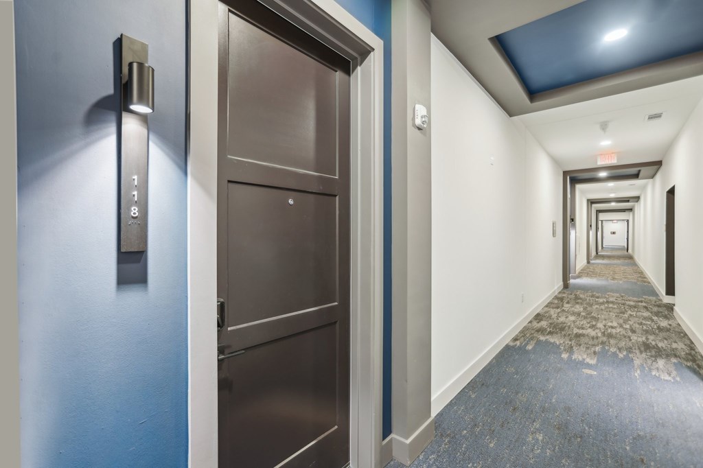 Hallway with blue walls and beautiful carpet- the entrance to an apartment