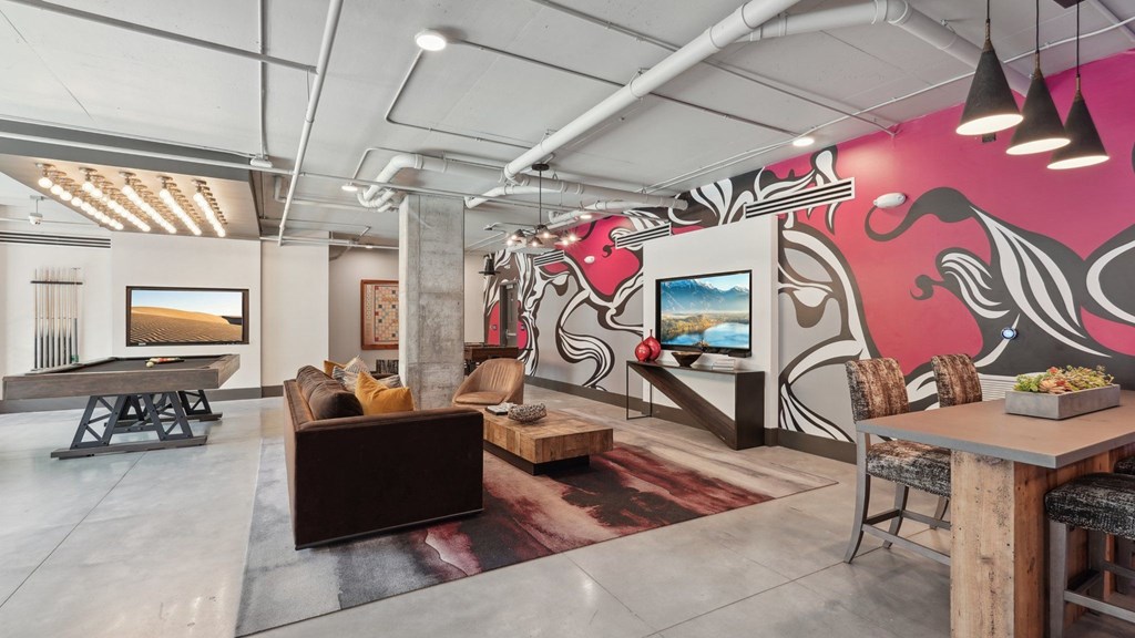 resident clubhouse with couch, TV, pool table,  and much more