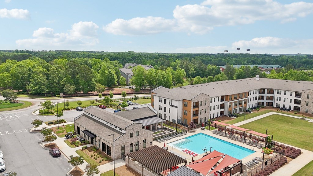 Station 75 birds eye view of pool and buildings