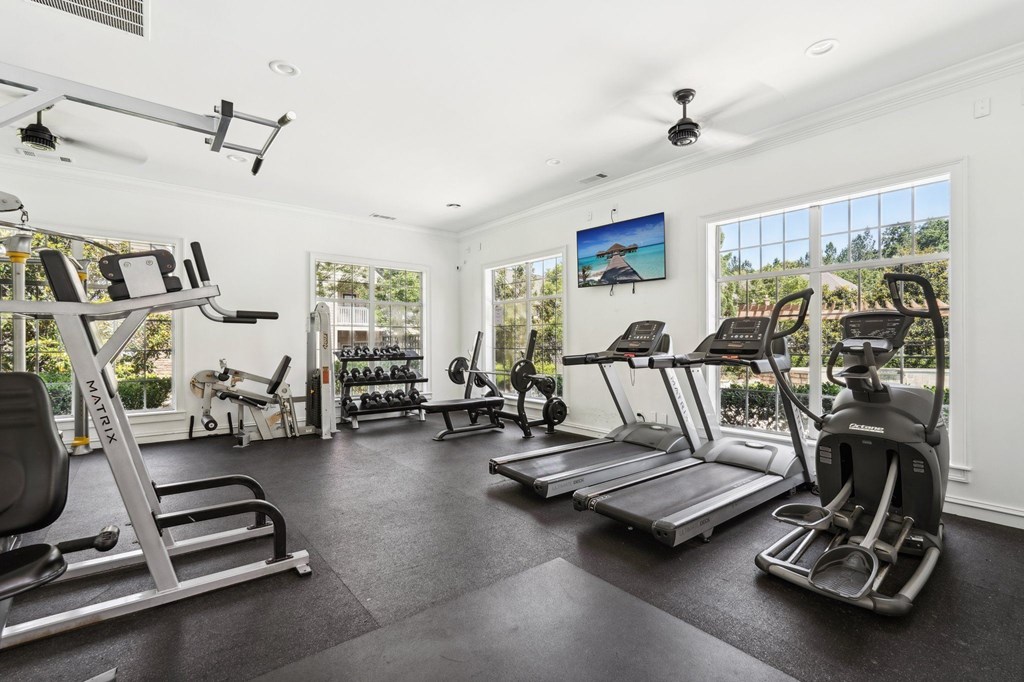 A spacious gym with a variety of exercise equipment.