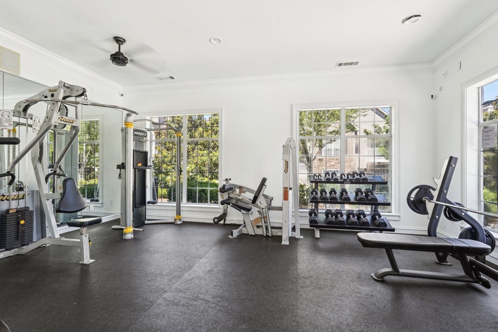 A spacious gym with a variety of equipment.