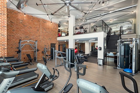 A gym with treadmills and exercise equipment.