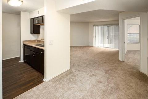 A kitchen area with a counter and cabinets.