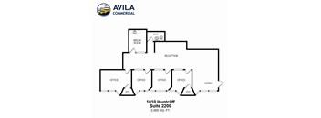A floor plan of an office space with four offices and a reception. kitchenette, bathroom, and conference room area.
