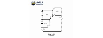 A floor plan for a building with three offices and two entries.