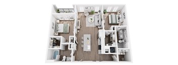 A top-down view of a small, well-organized apartment with a kitchen, living room, and bedroom.