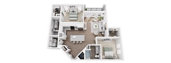 A top-down view of a house layout with a kitchen, living room, and bathrooms.