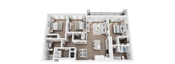 A top-down view of a house layout with multiple rooms and furniture.