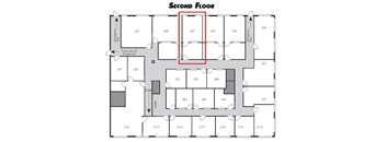 A floor plan of a building's second floor with room numbers and a highlighted section.