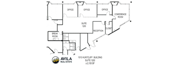A floor plan for a building with offices, a conference room, a reception, a break room, and a suite.