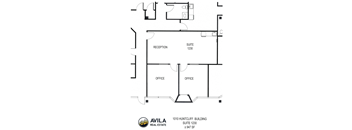 A floor plan for a 1010 Huntcliff Building shows a reception area, suite 1230, and two office spaces.