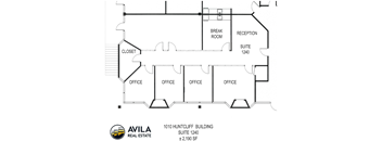 a floorplan image of  available office spaces with 2,190 square feet and a breakroom with a refrigerator and sink