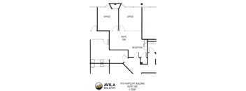 A floor plan for the Avila Real Estate building shows two offices and a suite.