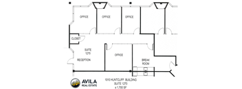 A floorplan of 4 office spaces shows an office area, a reception area, and a break room .