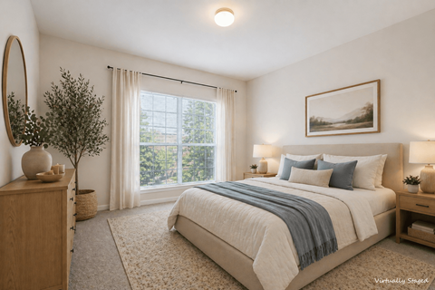 A bedroom with a large bed and a painting on the wall.
